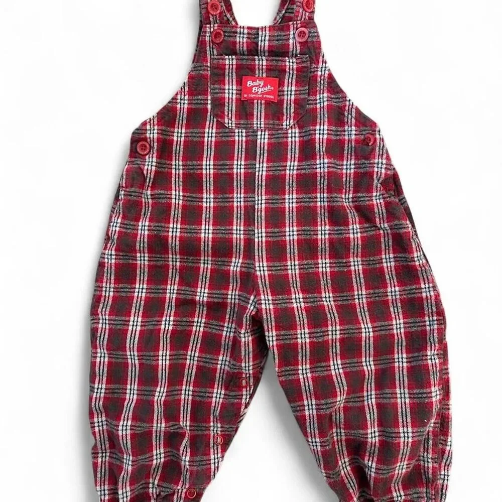 Vintage Oshkosh B'gosh Red Plaid Flannel Lined Vestbak Overalls Kids Size 24mo